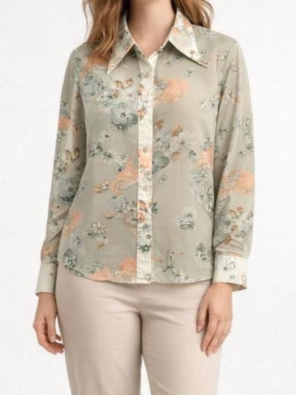 Vintage 70s Mint Green Floral Figural Print Sheer Chiffon Blouse French Cuffs
